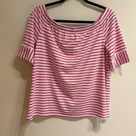 Hinson Wu Lena Elbow Sleeve Off The Shoulder Top Magenta/White NWT MEDIUM - Picture 5 of 8